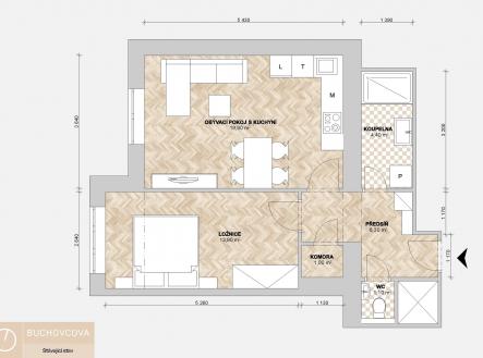 půdorys Buchovcova | Pronájem bytu, 2+kk, 50 m²