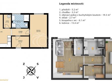 2D půdorys současný stav, 3D půdorys s vybavením | Prodej bytu, 2+kk, 70 m²