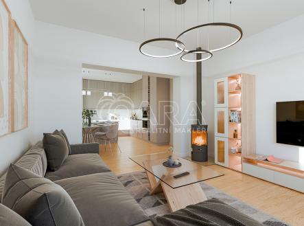 Vizualizace interiéru - obývací pokoj s kuchyní a jídelnou | Prodej - dům/vila, 140 m²
