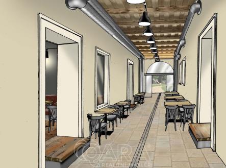Vizualizace stoly v průjezdu | Pronájem - restaurace, 92 m²