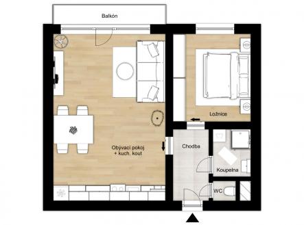 1697 3D   2D půdorys do 2 kk.jpg | Pronájem bytu, 2+kk, 33 m²