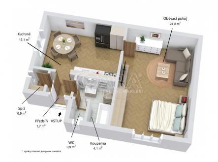 Půdorys 3D Masná 2+1 zařízeníý | Pronájem bytu, 1+1, 48 m²