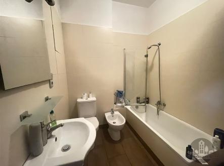 Koupelna s moderními dlažbami, vanou a skleněnou zástěnou, světlé stěny dodávají prostoru čistý vzhled. | Pronájem bytu, garsoniéra, 13 m²