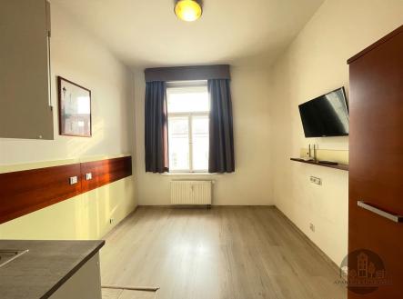 Světlý pokoj s moderní parketovou podlahou a velkým oknem, prostor je moderní a nabízí minimalistický design s nástěnnou televizí. | Pronájem bytu, 1+kk, 16 m²