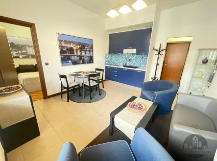 Moderní obývací pokoj s dlažbou, vestavěnou kuchyní a jídelním koutem, světlý a vkusně zařízený se stylovým nábytkem. | Pronájem bytu, 2+kk, 37 m²