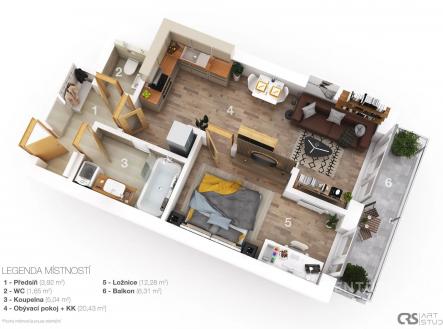 3d půdorys | Prodej bytu, 2+kk, 47 m²