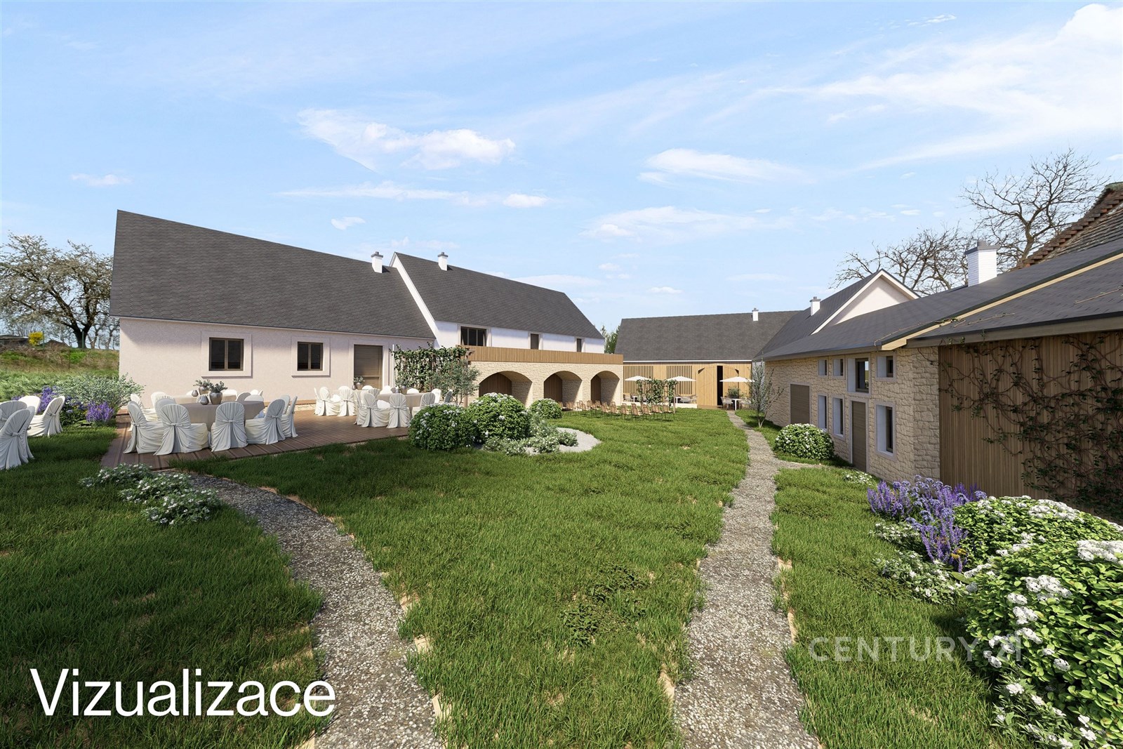 Venkovní prostor s anglickým trávníkem, dlážděnými cestičkami a pergolou, ideální pro svatby a akce, s moderní architekturou a velkými okny