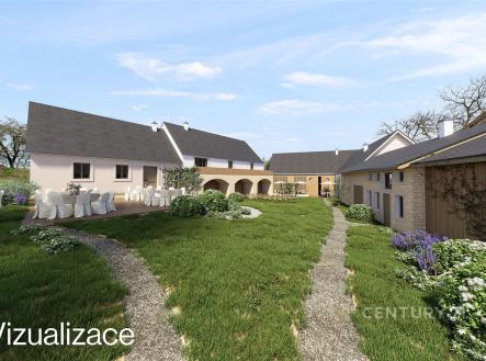 Venkovní prostor s anglickým trávníkem, dlážděnými cestičkami a pergolou, ideální pro svatby a akce, s moderní architekturou a velkými okny | Prodej - dům/vila, 244 m²