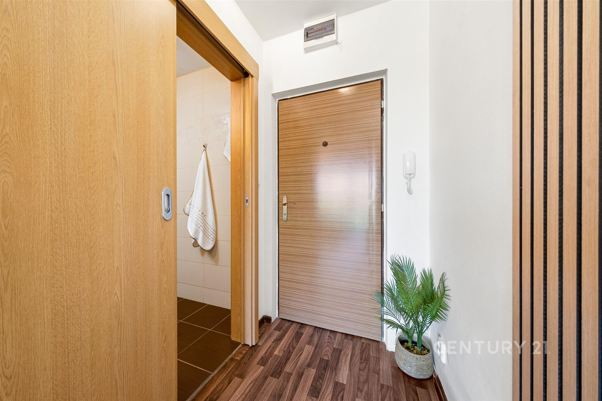 Vstupní hala s dřevěnými dveřmi, parketovou podlahou a dekorativní rostlinou, světlý a moderní interiér