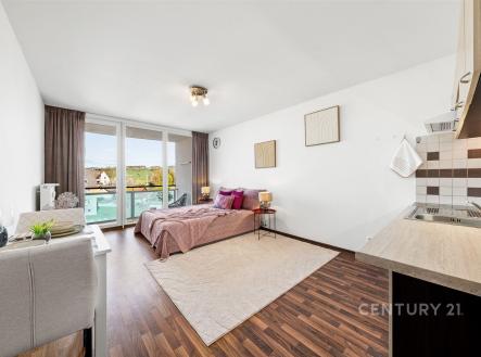 Světlý obývací pokoj s moderní kuchyní, parketová podlaha, velká okna, výhled na terasu, útulné zařízení, elegantní styl, zrekonstruovaný prostor | Prodej bytu, 1+kk, 24 m²