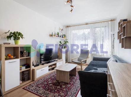 obývací pokoj s dřevěná podlaha, televize, sledovat osvětlení, a přirozené světlo | Prodej bytu, 2+kk, 46 m²