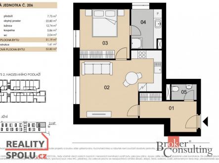 Prodej bytu, 2+kk, 52,8 m²