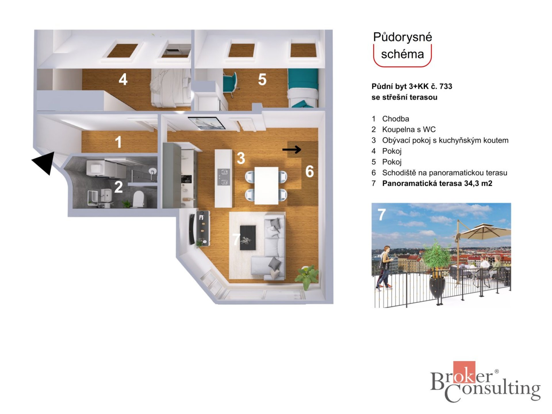 Byt 3+kk s panoramatickou střešní terasou