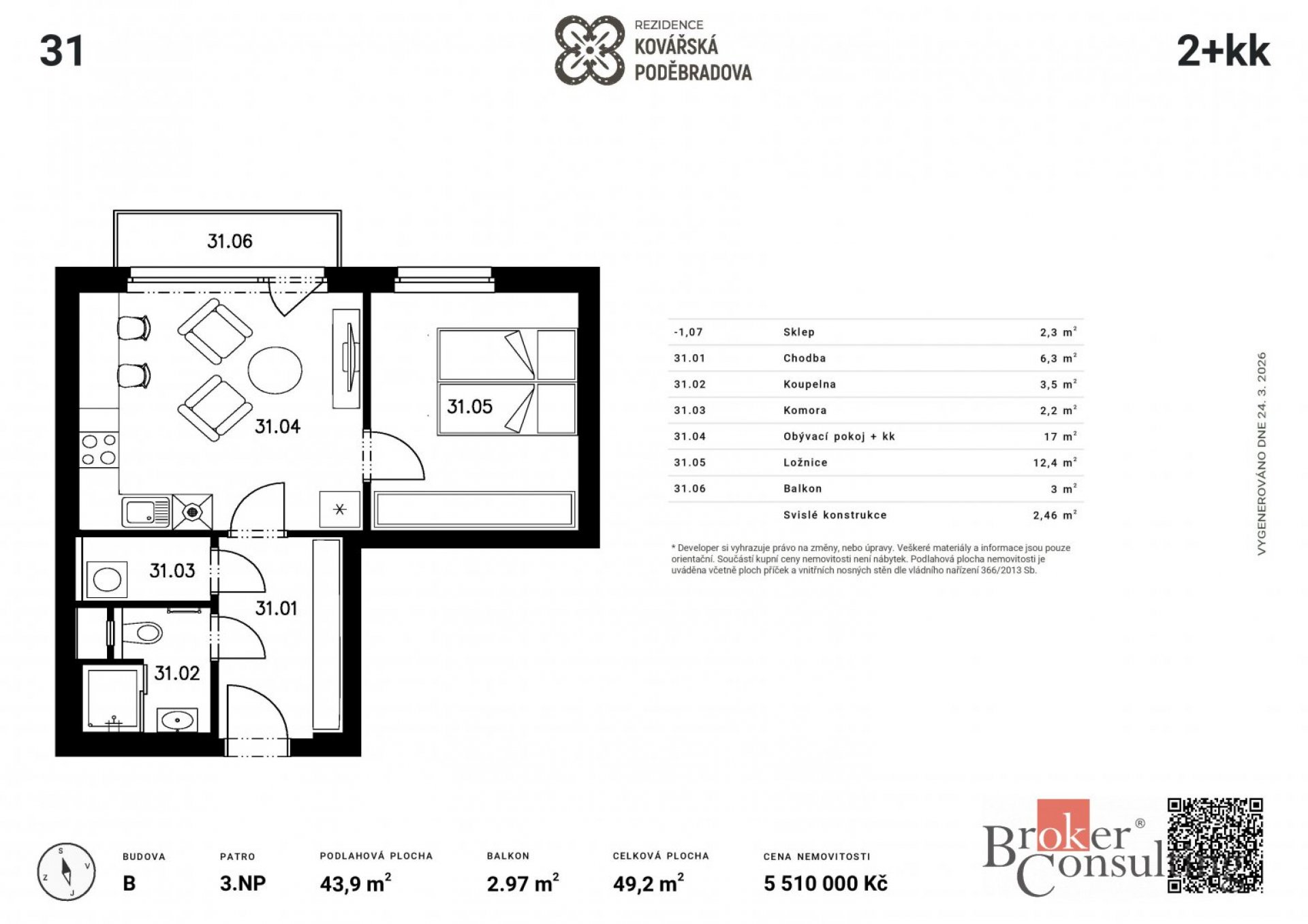 Prodej, byty/2+kk, 41.4 m2, Kovářská 330/10, Jižní Předměstí, 30100 Plzeň 3 [ID 83831]