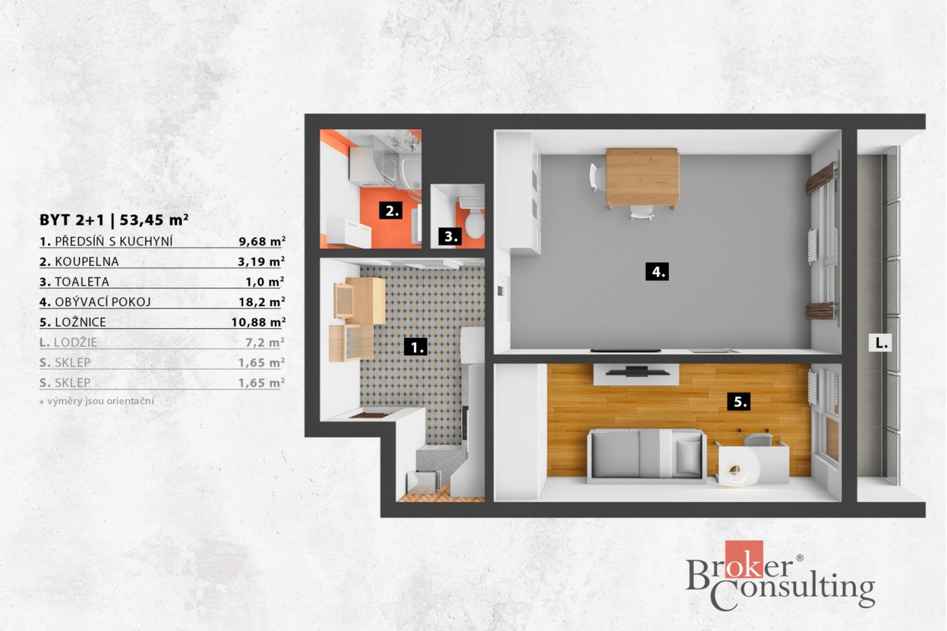 Prodej bytu 2+1 s lodžií – Praha 4 Modřany, ul. K Otočce 53 m², velká lodžie 7 m², dva sklepy