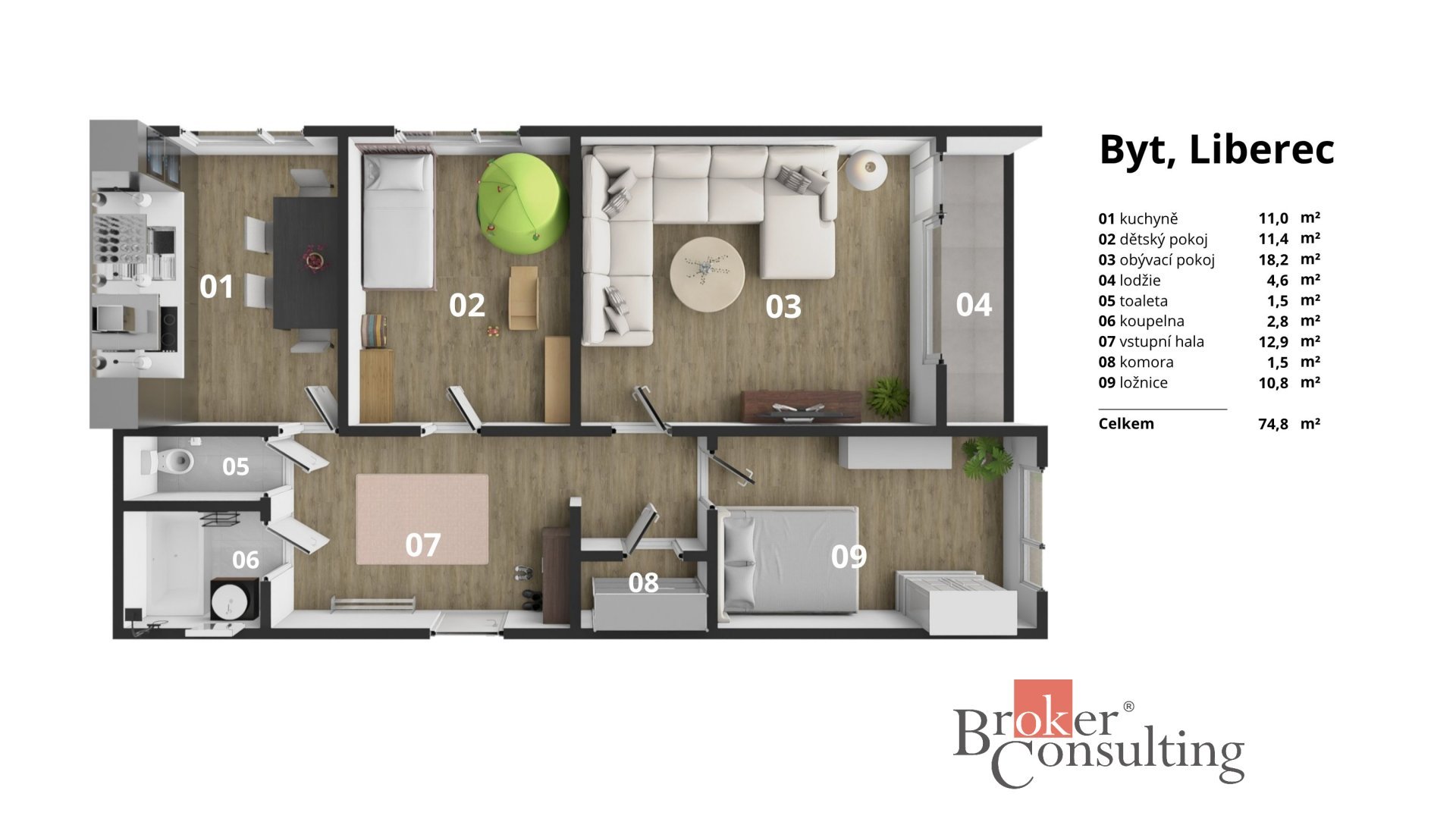 Prodej, byty/3+1, 74.7 m2, Halasova 899/10, Liberec VI-Rochlice, 46006 Liberec (nečleněné město) [ID