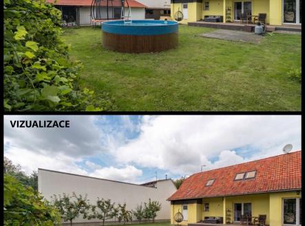 Rozlehlá zahrada s bazénem, upravený trávník, červená střecha, moderní styl, venkovní posezení, živý plot, prostorná terasa. | Prodej - dům/vila, 213 m²