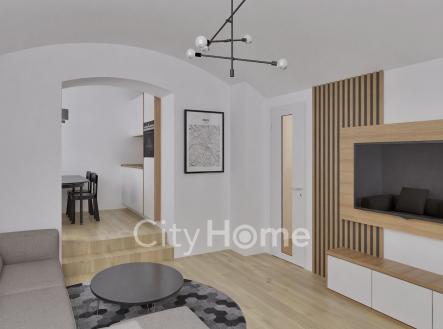 A02.101_obývací pokoj s kuchyní_vizualizace | Prodej bytu, 2+kk, 61 m²