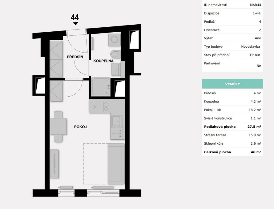 Prodej 1+kk/T 46 m², Praha 4 - Nusle