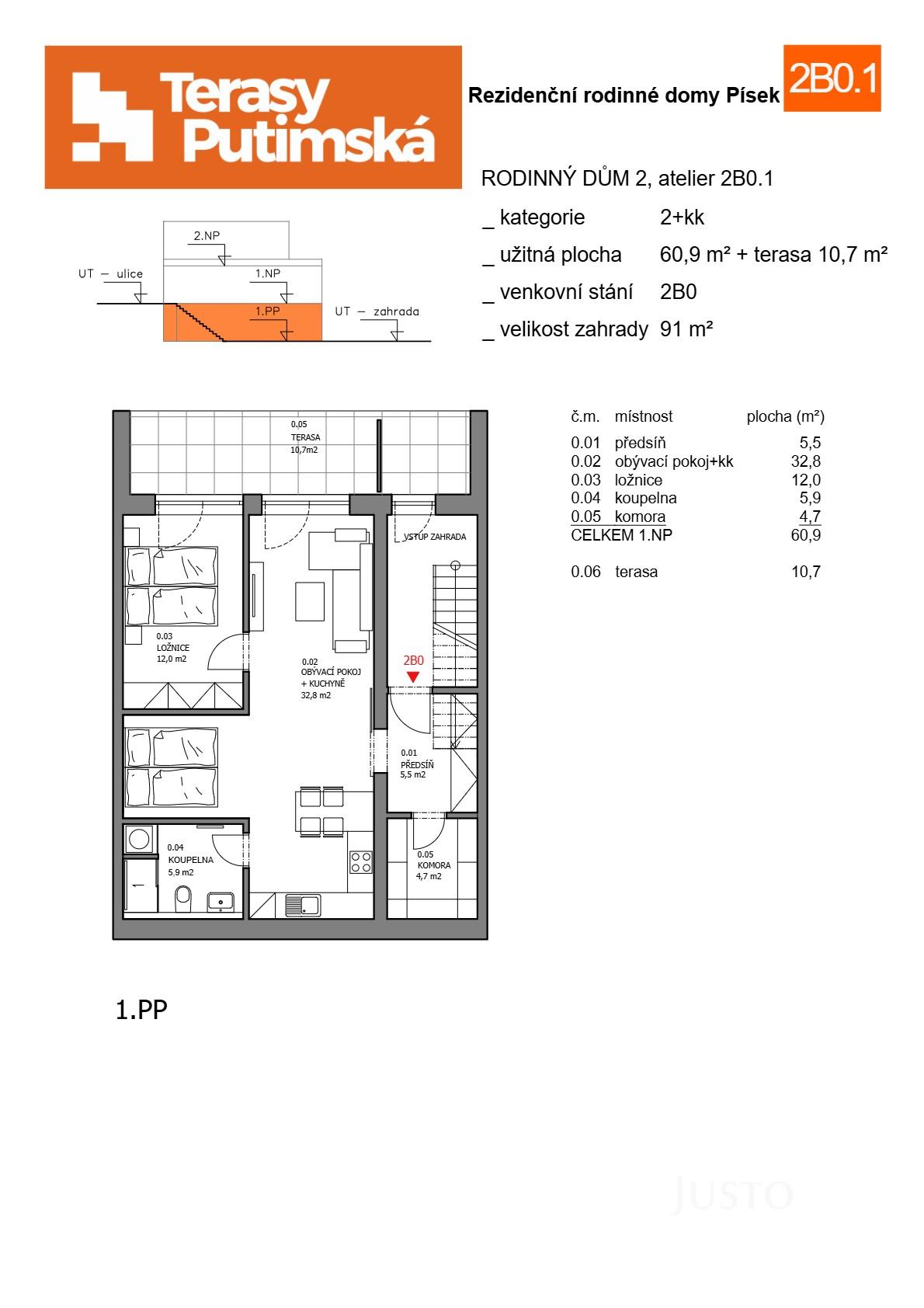 Prodej 2+kk 60 m² + zahrádka 91 m² + terasa 10 m² + parkování