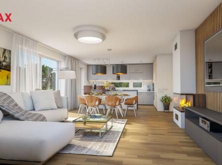 Vizualizace obývacího pokoje, jídelny a kuchyňského koutu. | Prodej - dům/vila, 211 m²