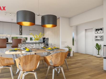 Vizualizace obývacího pokoje, jídelny a kuchyňského koutu. | Prodej - dům/vila, 210 m²