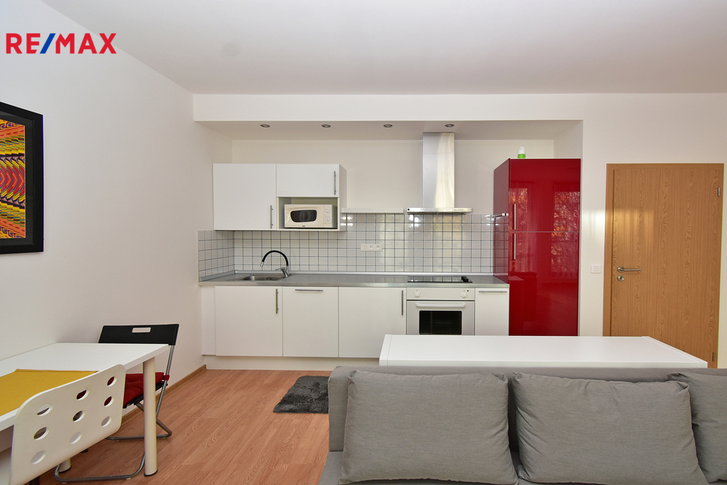 Obývací pokoj se vstupem na terasu, s kuchyňským koutem, jídelním koutem a postelí s úložným prostorem.