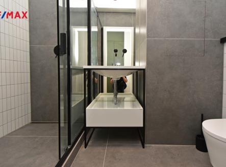 Koupelna se sprchovým koutem, umyvadlem, zrcadlem a toaletou. | Pronájem bytu, 2+kk, 53 m²