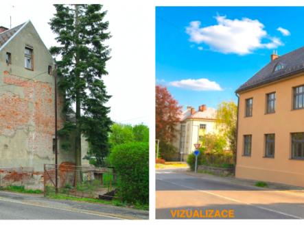 uliční pohled s vizualizací možného budoucího stavu | Prodej - dům/vila, 416 m²