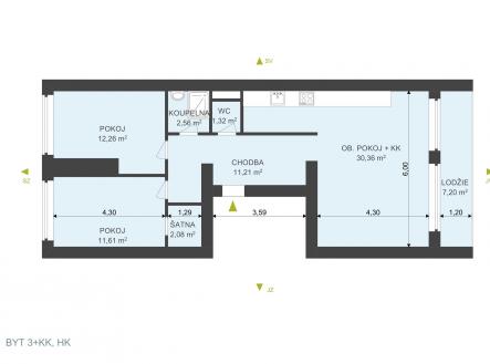 . | Pronájem bytu, 3+kk, 80 m²