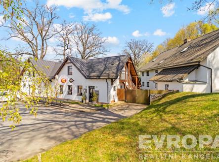 Exteriér venkovského domu s tradiční střechou, dřevěnými prvky a dlážděným dvorem, obklopený zelení a stromy, ideální pro klidné bydlení. | Pronájem - jiné, 505 m²