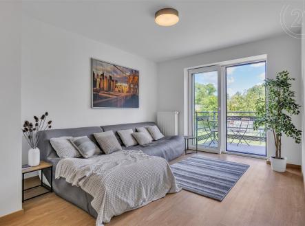 obývací pokoj v bytě 3+kk s přímým vstupem na zahradu, Uhříněves | Prodej bytu, 3+kk, 94 m²