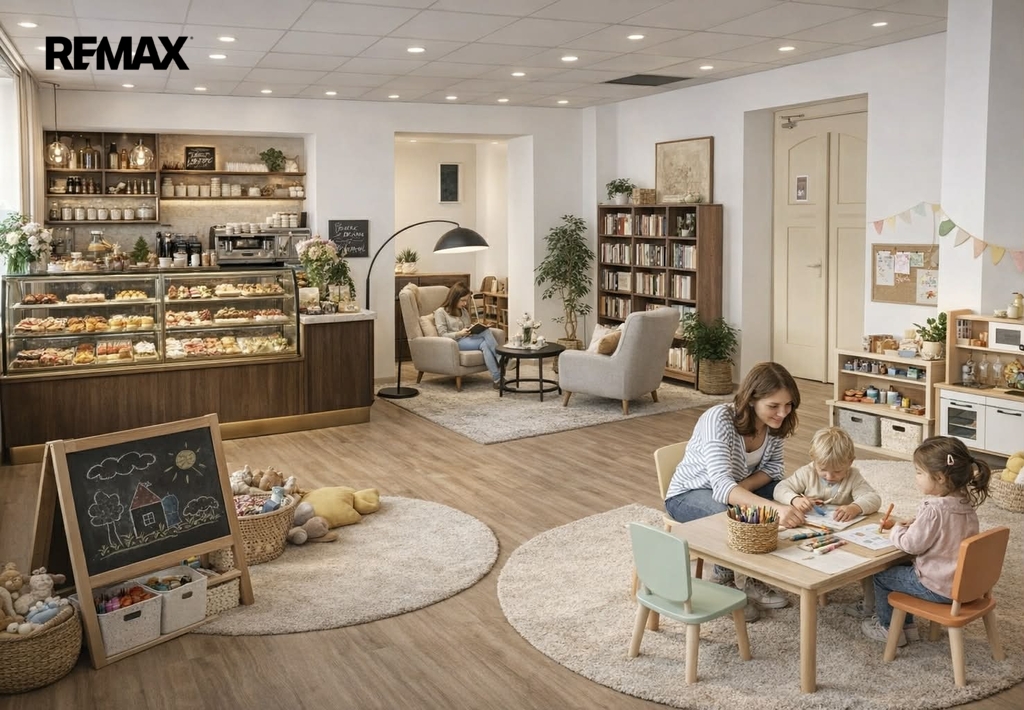 Vizualizace kavárny, čítárny, hlídání dětí a výtvarné dílničky.