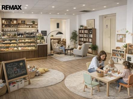 Vizualizace kavárny, čítárny, hlídání dětí a výtvarné dílničky. | Pronájem - obchodní prostor, 78 m²