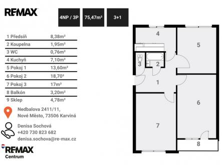 Byt 3+1| Denisa Sochová | +420 730 823 682 | denisa.sochova@re-max.cz | Prodej bytu, 3+1, 75 m²