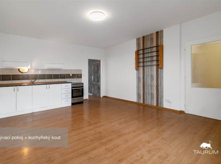 Prostorný obývací pokoj s kuchyňským koutem, parketová podlaha, světlé stěny, moderní styl, dřevěné detaily, kuchyňská linka s dlažbou. | Prodej bytu, 2+kk, 51 m²