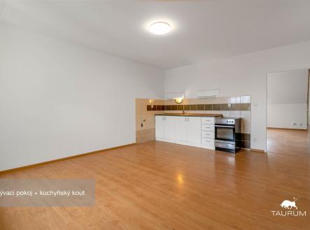 Světlý obývací pokoj s kuchyňským koutem, laminátová podlaha, moderní design, vestavěné spotřebiče, prostorný a otevřený interiér | Prodej bytu, 1+1, 51 m²