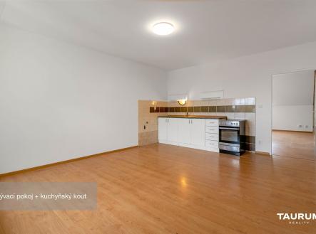 Světlý obývací pokoj s kuchyňským koutem, laminátová podlaha, moderní design, vestavěné spotřebiče, prostorný a otevřený interiér | Prodej bytu, 1+1, 51 m²