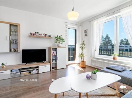 Světlý obývací pokoj s parketovou podlahou, velkými okny a moderním designem, který zajišťuje příjemnou atmosféru pro relaxaci a setkání. | Prodej bytu, 2+kk, 56 m²