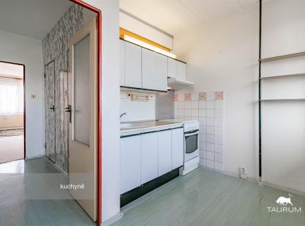 Kuchyň s bílými skříňkami a linoleem, světlý prostor s oknem. Obsahuje vestavěné police a dlažbu u sporáku, ideální pro modernizaci. | Prodej bytu, 1+1, 47 m²