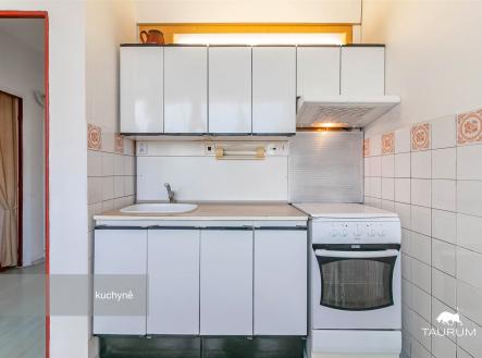 Malá kuchyň s bílými skříňkami, dlažbou a plynovým sporákem v udržovaném stavu | Prodej bytu, 1+1, 47 m²