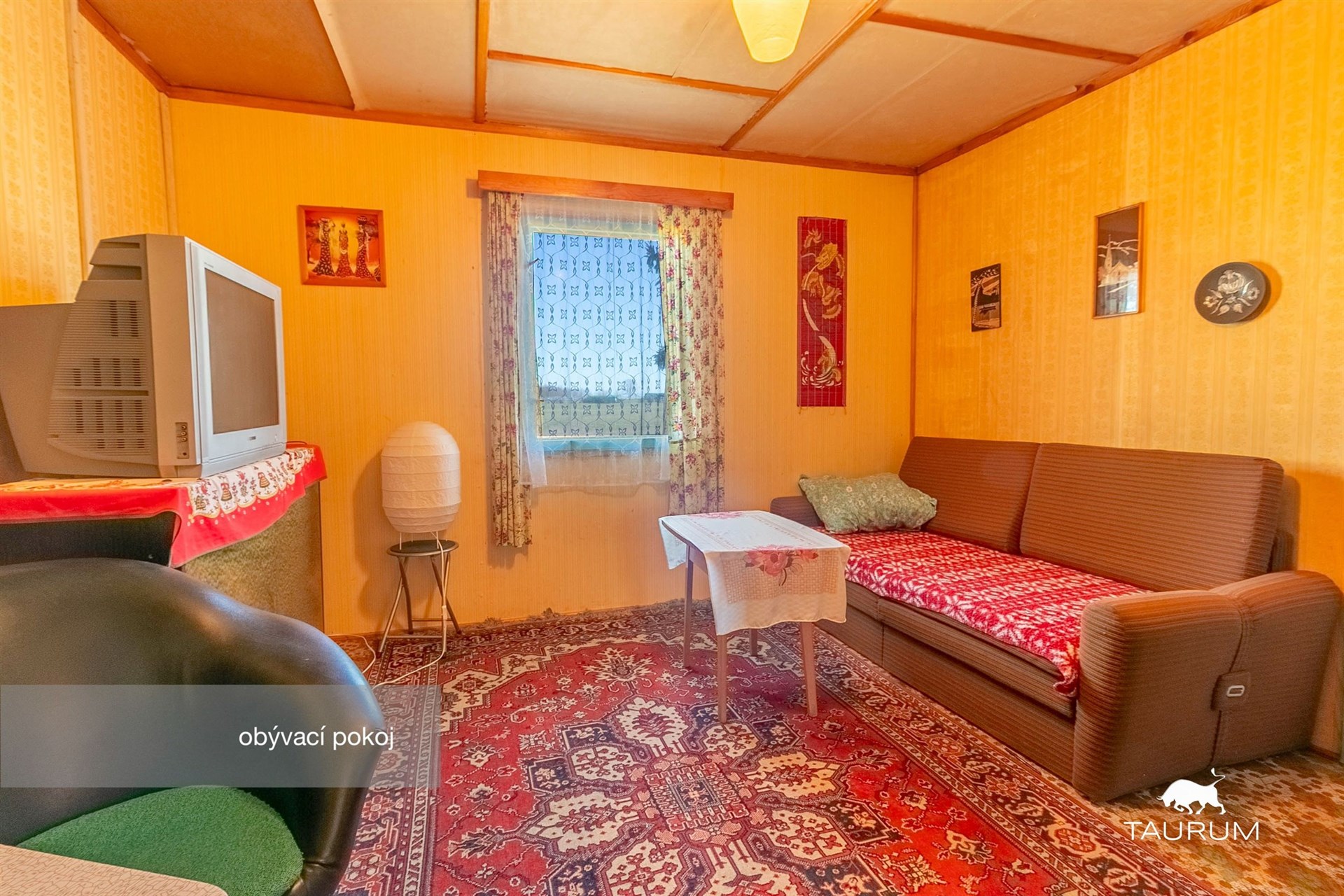 Světlý obývací pokoj s dřevěnými stěnami, kobercem a velkým oknem. Retro styl doplňuje starší televize a pohodlná pohovka.