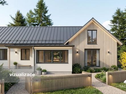 Moderní rodinný dům s dřevěnou fasádou a plechovou střechou, obklopený zahradou s cestičkou a udržovanou zelení, světlá a stylová architektura. | Prodej - dům/vila, 165 m²