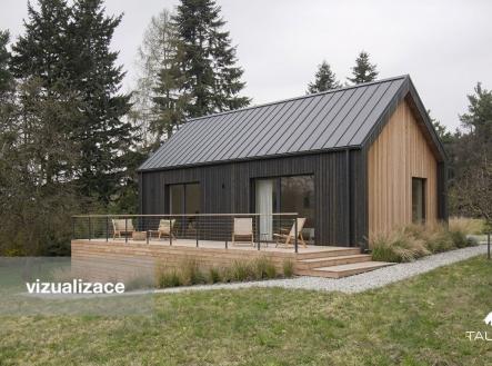 Dřevěná chata s moderním designem, terasa s dřevěnou podlahou, obklopena zelení, ideální pro klidné bydlení v přírodě | Prodej - pozemek pro bydlení, 1 630 m²