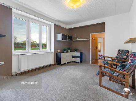 Obývací pokoj s velkými okny, kobercem a světlou stěnou, nabízí dostatek přirozeného světla a komfortní prostor pro relaxaci. | Prodej bytu, 2+1, 58 m²