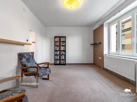 Světlý obývací pokoj s velkými okny, kobercovou podlahou a moderním designem. Minimalistický styl vytváří útulný prostor pro relaxaci. | Prodej bytu, 2+1, 58 m²