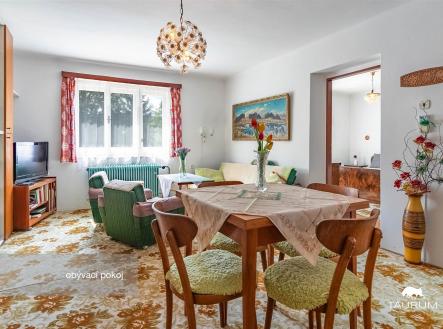 Světlý obývací pokoj s retro designem, parketová podlaha skrytá pod kobercem, velká okna, dřevěný nábytek, dekorativní lustr. | Prodej - dům/vila, 169 m²