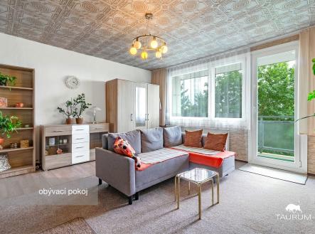 Světlý obývací pokoj, moderní styl, velká okna, dřevěný nábytek, renovované podlahy, přístup na balkon, svěží atmosféra. | Prodej bytu, 2+1, 63 m²