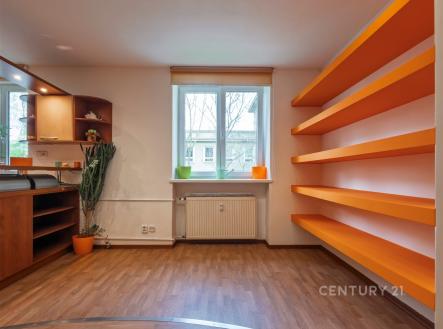 Světlý obývací pokoj s parketovou podlahou, velkým oknem a vestavěnými policemi v moderním stylu. | Prodej bytu, 3+kk, 66 m²
