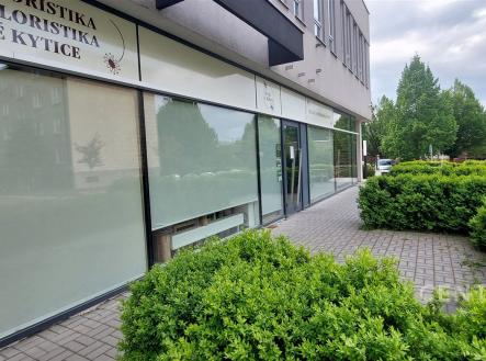 Prázdný obchodní prostor s velkými výkladními skly a moderní dlažbou, vhodný pro podnikání, nacházející se v klidné lokalitě s zelení. | Pronájem - obchodní prostor, 80 m²